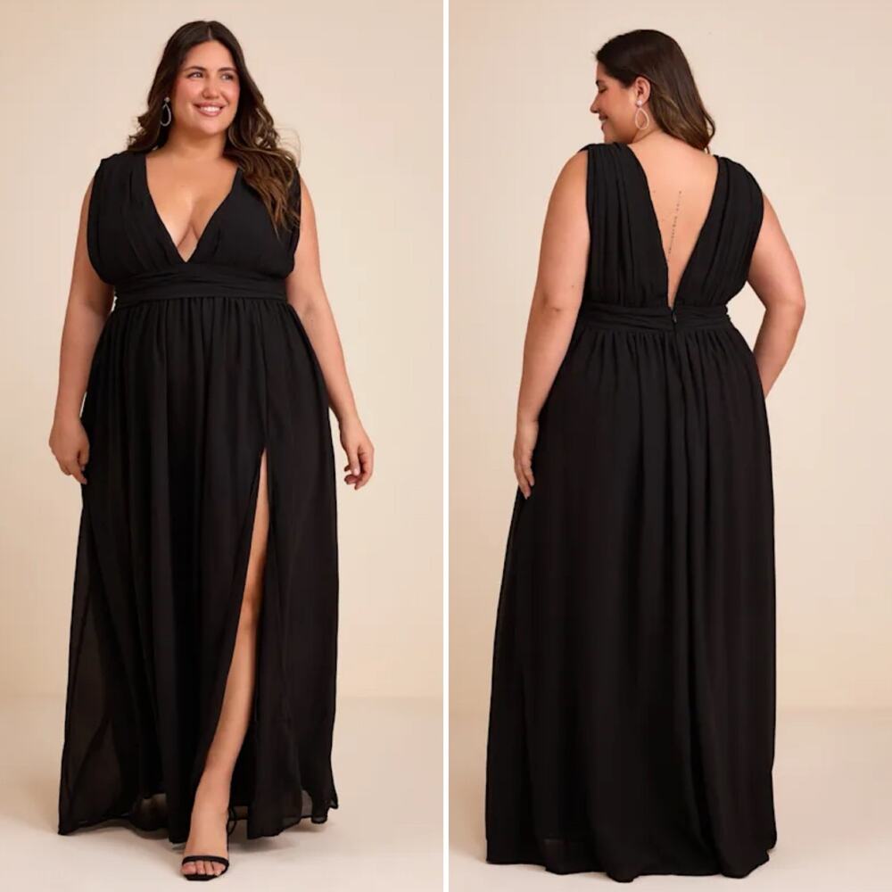 Lulus Heavenly Hues Black Maxi Dress Plus Size 1X NWT Deep V Neck Slit Formal